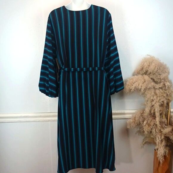 ISAAC MIZRANI Teal / black stripped long-sleeve V-neck Boho wrap midi dress L - Picture 10 of 14